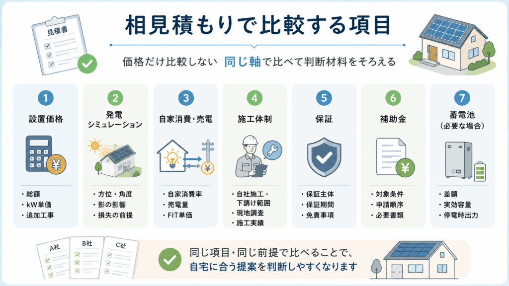 太陽光発電の相見積もりで価格・発電量・施工・保証などを比較する図