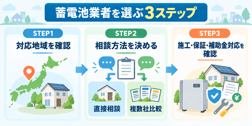 蓄電池業者を対応地域・相談方法・施工保証補助金対応の順で選ぶ3ステップ