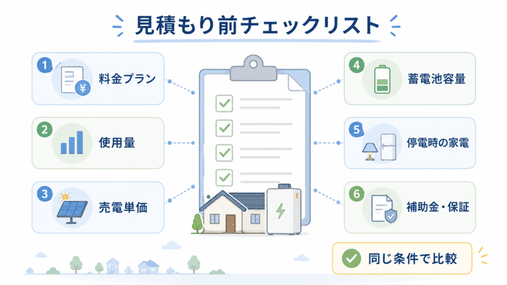 蓄電池の見積もり前に確認したい料金プランや使用量、売電単価、補助金などのチェックリスト図解