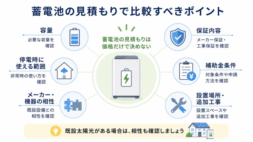 蓄電池の見積もりで容量、停電時の利用範囲、保証、補助金、設置場所を比較するポイントを示した図解