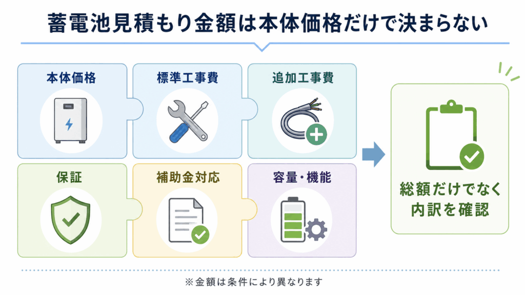 蓄電池の見積もり総額を構成する本体価格・工事費・保証などの内訳図