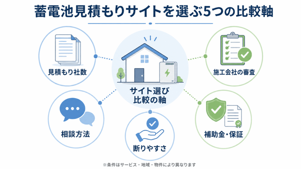 蓄電池見積もりサイトを選ぶ5つの比較軸を示した図解