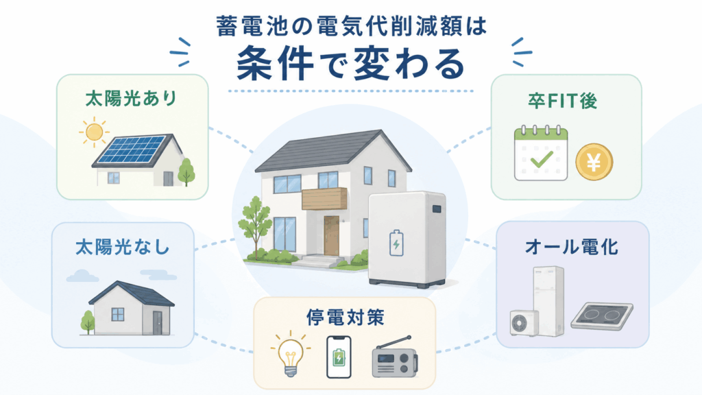 蓄電池の電気代削減額が太陽光発電の有無や卒FIT、オール電化などの条件で変わることを示す図解