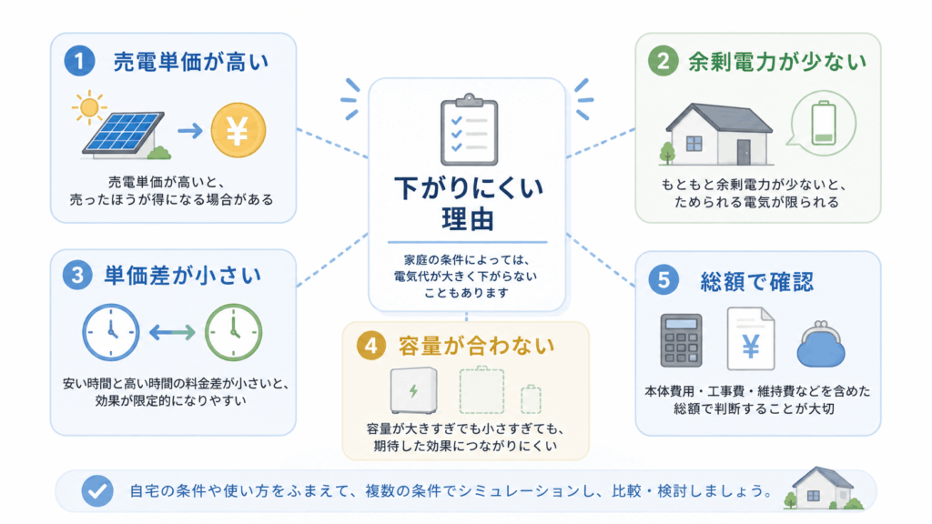 蓄電池で電気代が思ったより下がらない理由を売電単価や余剰電力量などの条件別に整理した図解