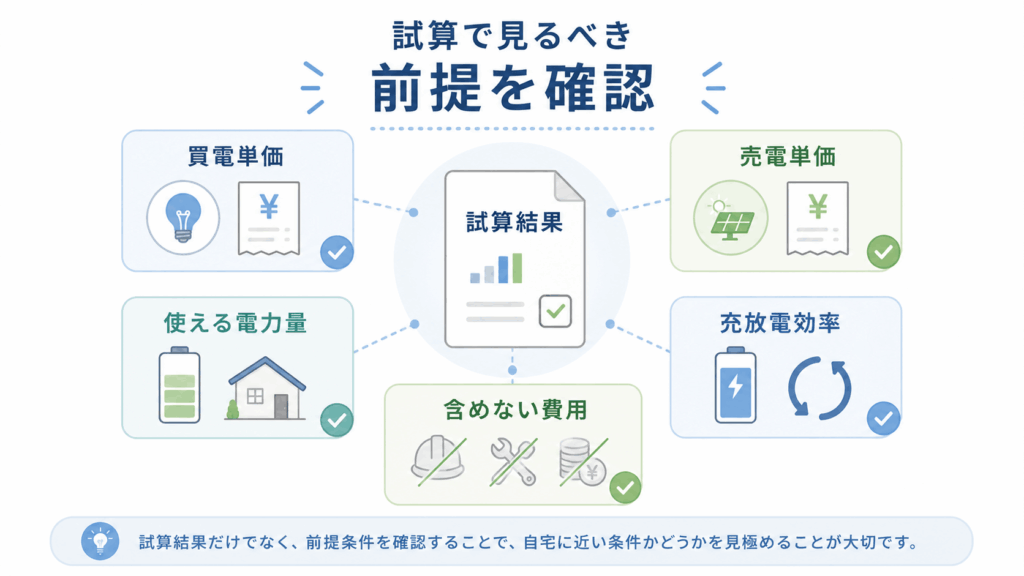蓄電池の電気代シミュレーションで確認すべき買電単価や売電単価などの前提条件を示す図解