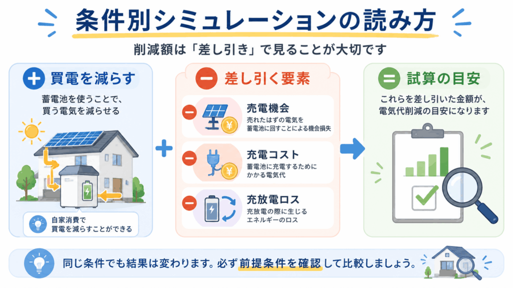 蓄電池の電気代削減額を買電削減額だけでなく売電機会や充電コストも差し引いて見る考え方を示す図解