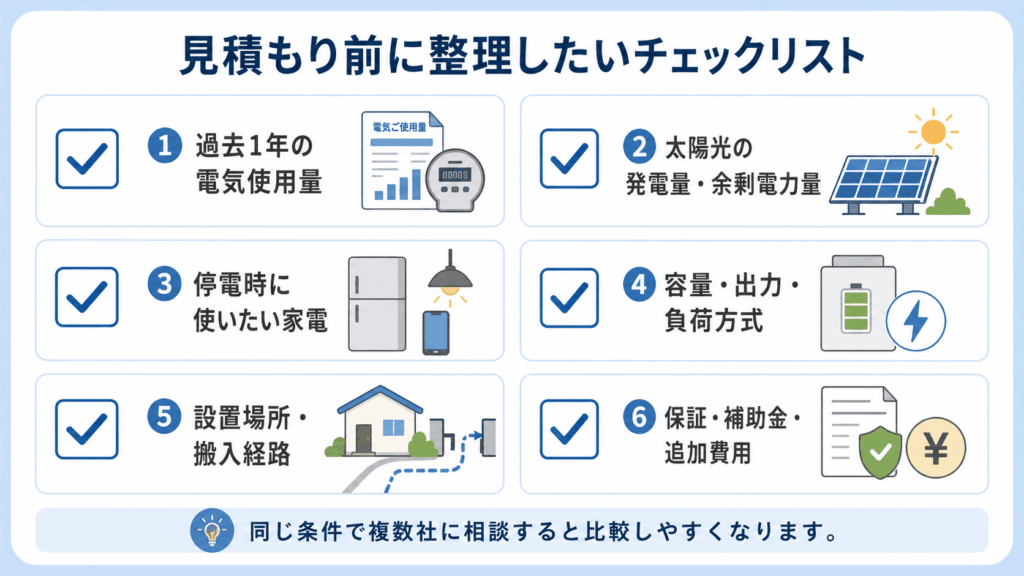 蓄電池の見積もり前に整理したい電気使用量、発電量、停電時家電、容量、設置場所、保証・補助金のチェックリスト