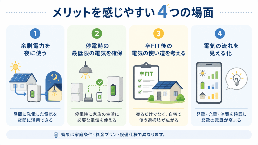 蓄電池でメリットを感じやすい場面を、余剰電力活用、停電対策、卒FIT後の使い道、電気の見える化で示した図解