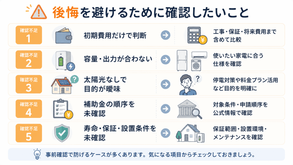 蓄電池で後悔しやすい確認不足を、初期費用、容量・出力、導入目的、補助金、寿命・保証・設置条件で整理した図解