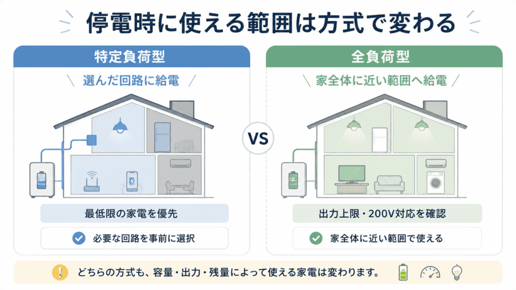 蓄電池の特定負荷型と全負荷型の違いを、停電時に使える範囲と確認点で比較した図解