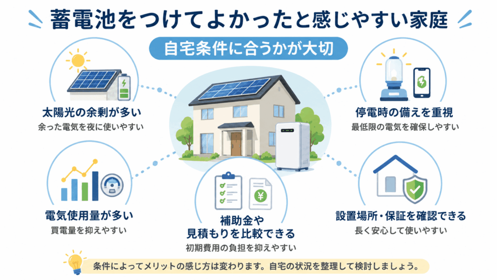 蓄電池をつけてよかったと感じやすい家庭条件を、太陽光の余剰、停電対策、電気使用量、補助金、設置条件で整理した図解