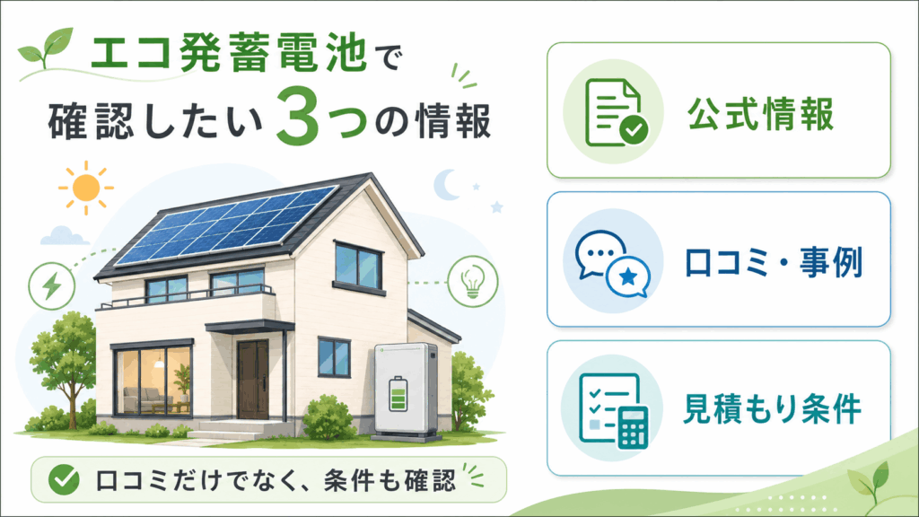 エコ発蓄電池の口コミを見る前に確認したい公式情報・口コミ・見積もり条件の図解