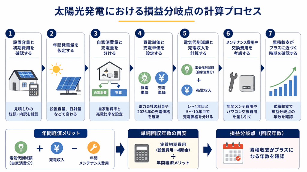 太陽光発電の損益分岐点を計算する流れ