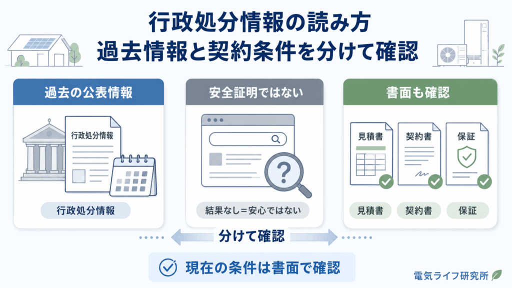 行政処分情報を読むときに過去情報と現在の契約条件を分ける図解