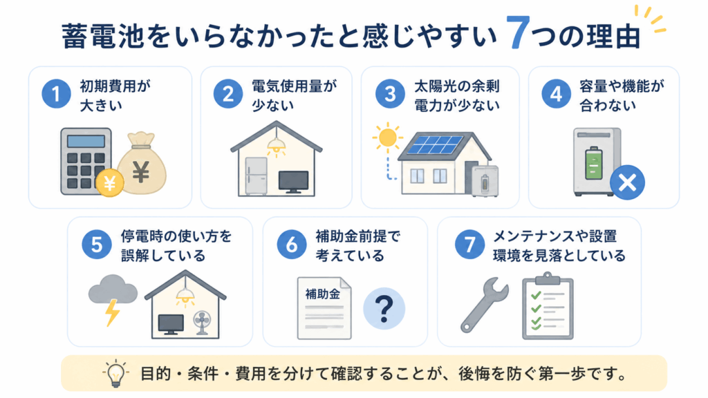 蓄電池をいらなかったと感じやすい理由を7項目で示した図解