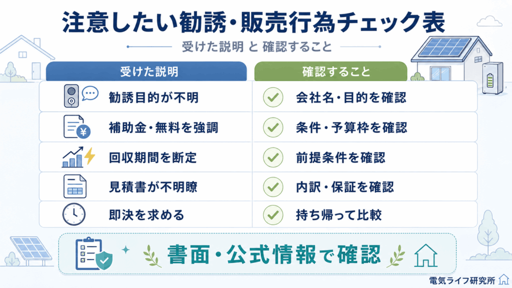 蓄電池の勧誘で注意したい説明と確認項目のチェック表