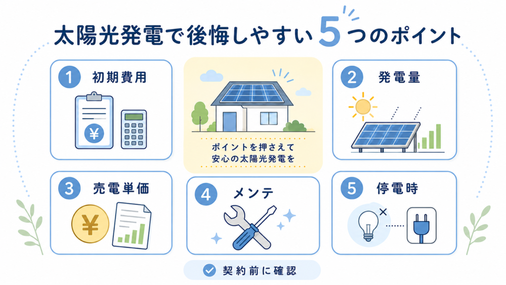 太陽光発電で後悔しやすい初期費用・発電量・売電単価・メンテナンス・停電時利用のポイントを示した図解
