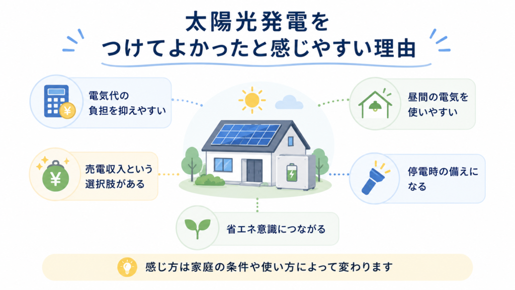 太陽光発電をつけてよかったと感じやすい理由を、電気代・昼の電気・売電・停電時・省エネ意識に分けて示した図解