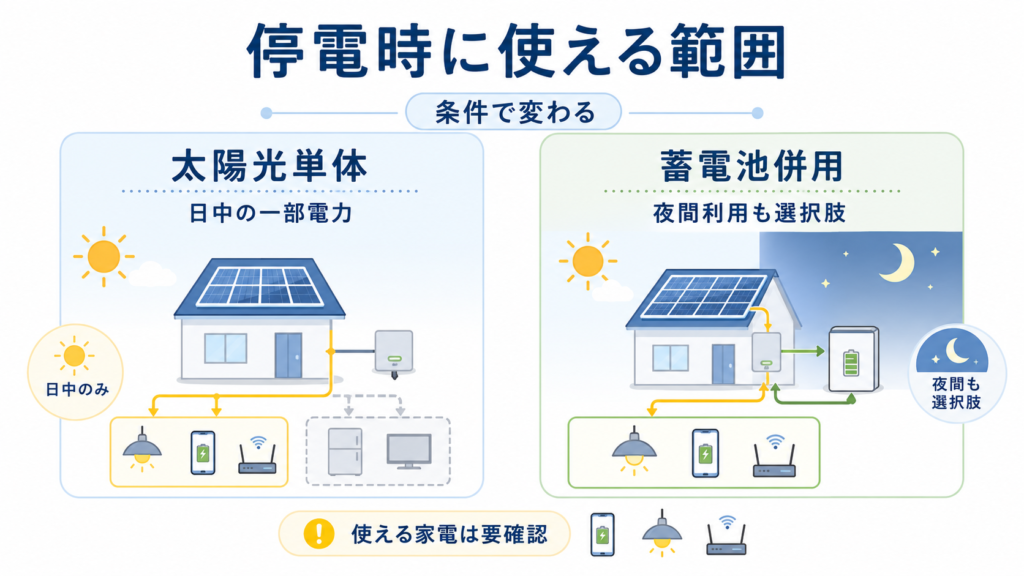 停電時に太陽光単体で使える範囲と蓄電池併用時の違いを比較した図解