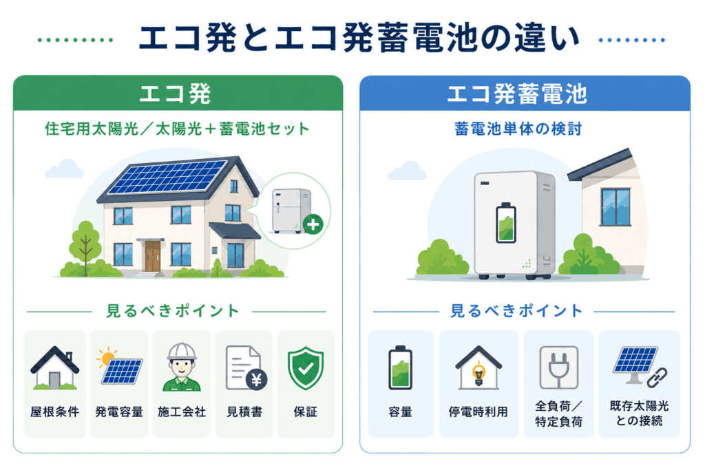 エコ発とエコ発蓄電池の対象設備と見るべきポイントの違いを示す図