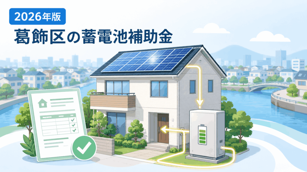 葛飾区の2026年度蓄電池補助金を示す住宅・蓄電池・太陽光発電・申請書類の図