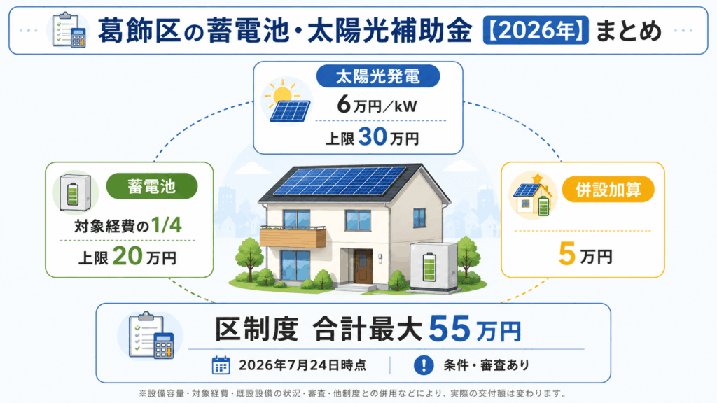 葛飾区の蓄電池上限20万円、太陽光上限30万円、併設加算5万円を整理した図