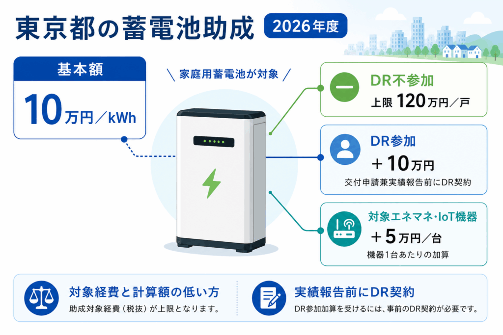 東京都の2026年度家庭用蓄電池助成額とDR加算の図