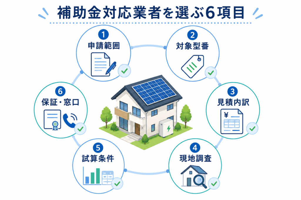 太陽光・蓄電池の補助金対応業者を選ぶ6つの確認項目