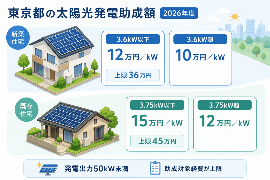 東京都の2026年度太陽光発電助成額を新築と既存住宅で比較した図