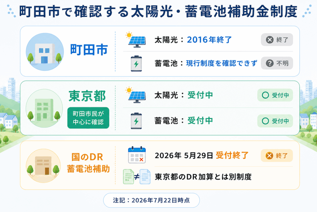 町田市で利用を確認する太陽光・蓄電池補助制度の関係図
