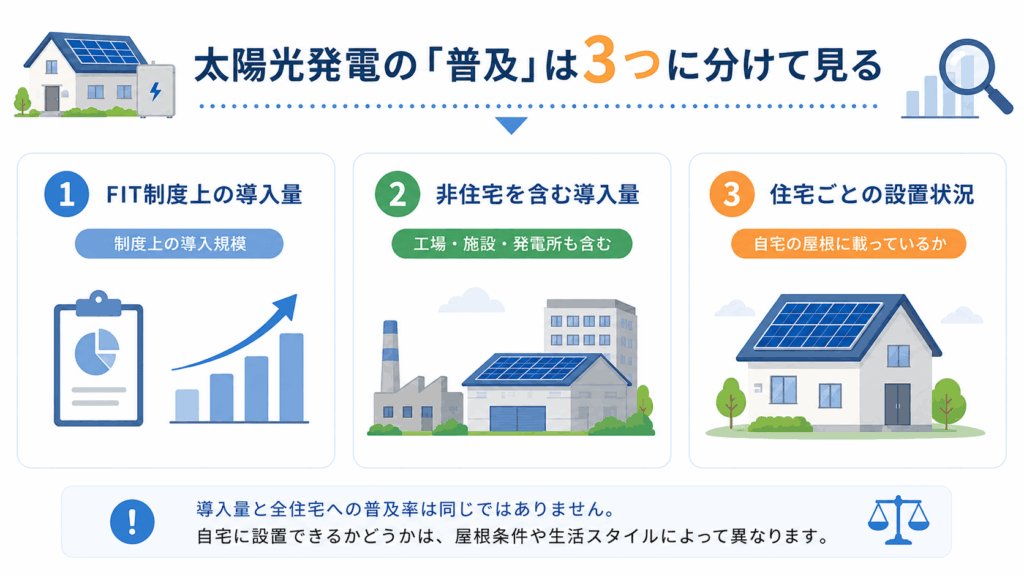 太陽光発電の普及を、FIT制度上の導入量、非住宅を含む導入量、住宅ごとの設置状況に分けて説明する図解