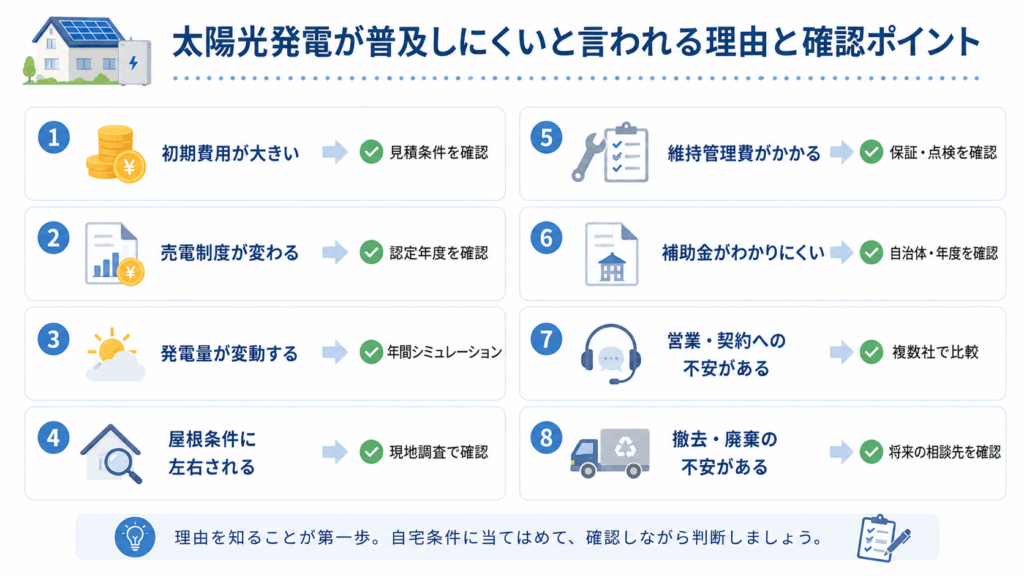 太陽光発電が普及しにくいと言われる理由と、導入前に確認したいポイントを8項目で整理した図解