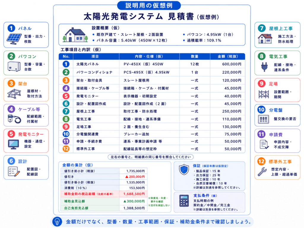 太陽光発電の見積書に関する内訳【架空サンプル】