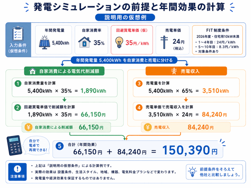 太陽光発電の年間効果を自家消費と売電に分けて計算する仮想例