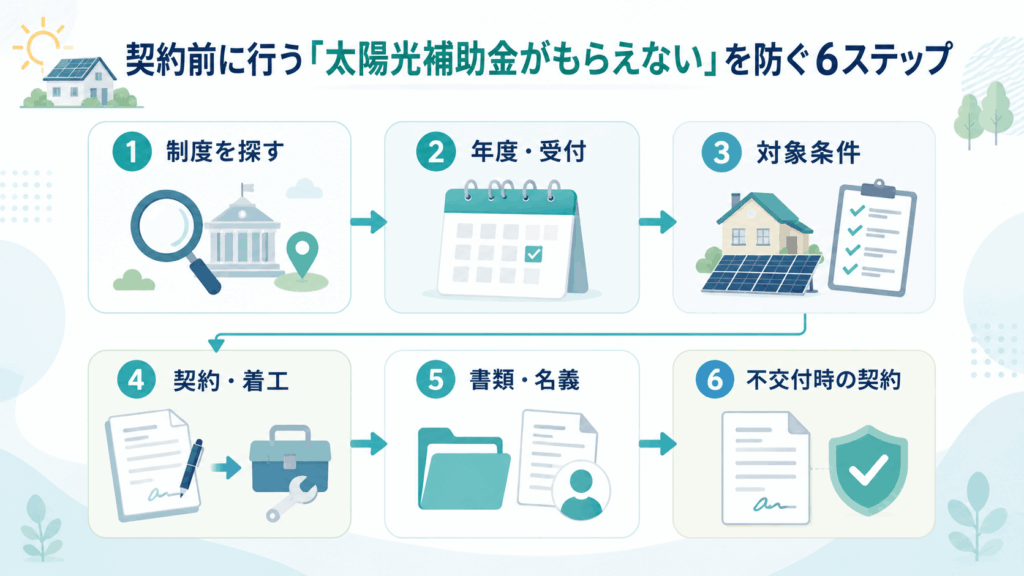 太陽光補助金を契約前に確認する6ステップの図解