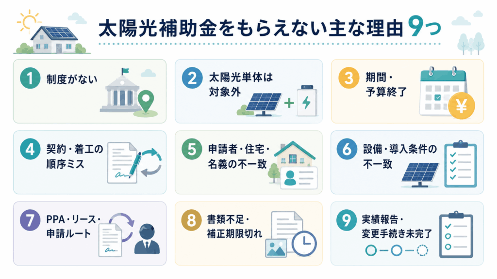 太陽光補助金をもらえない主な理由を一覧で整理した図解