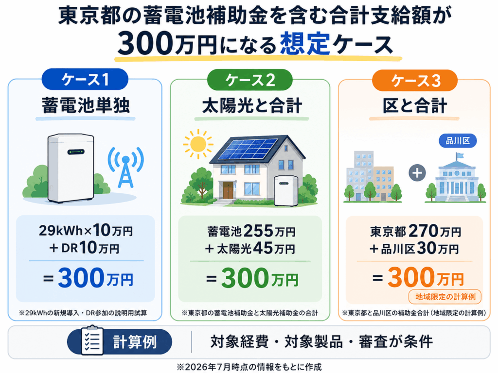 東京都の蓄電池関連助成が300万円になる3つの計算例