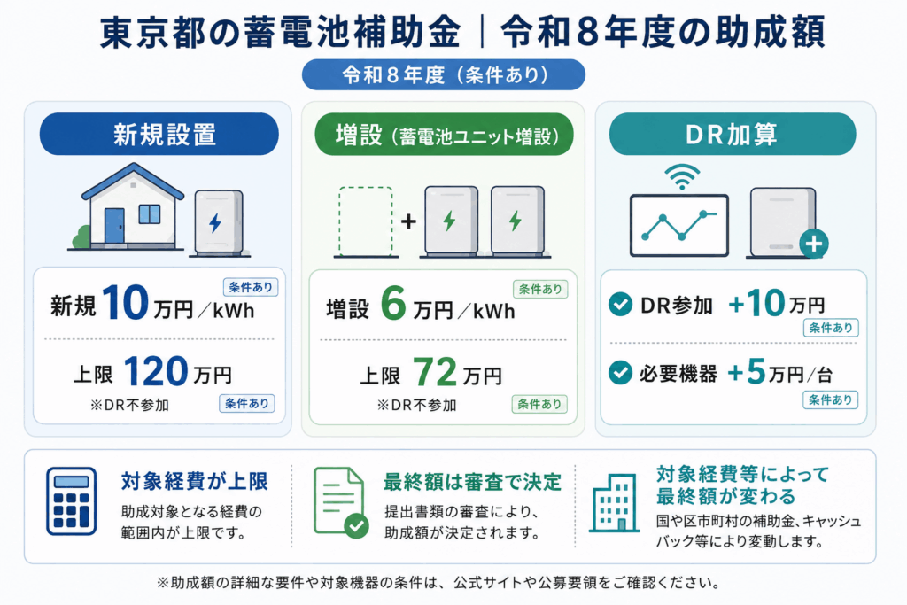 東京都の令和8年度蓄電池補助金の基本額とDR加算
