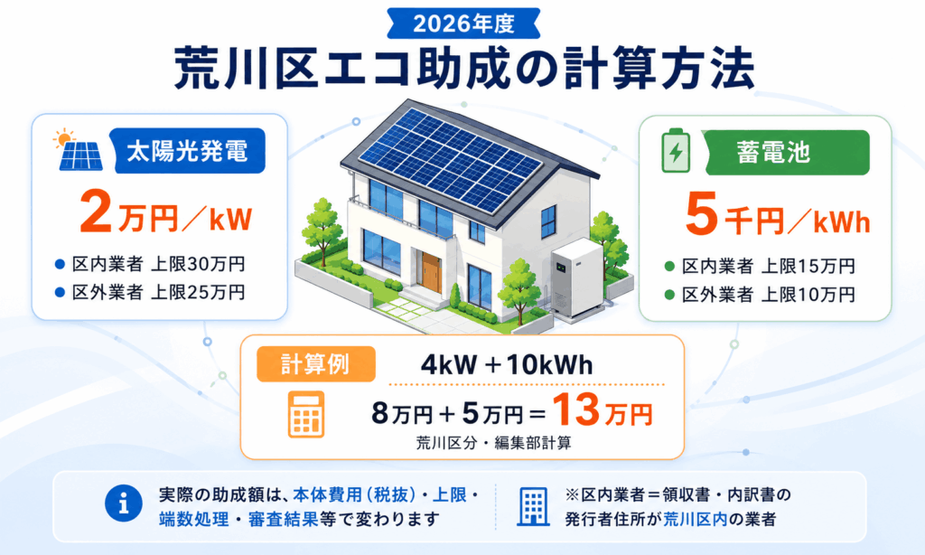荒川区の太陽光と蓄電池の助成単価・上限を示す図解