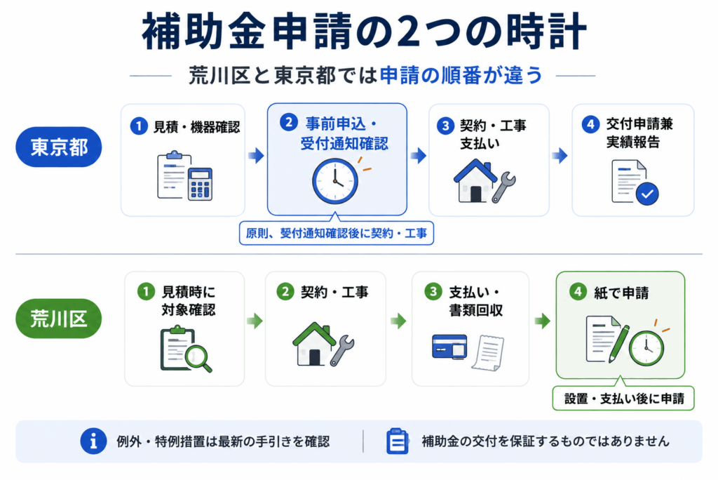 荒川区は設置後申請、東京都は事前申込から始まる手続きの流れ