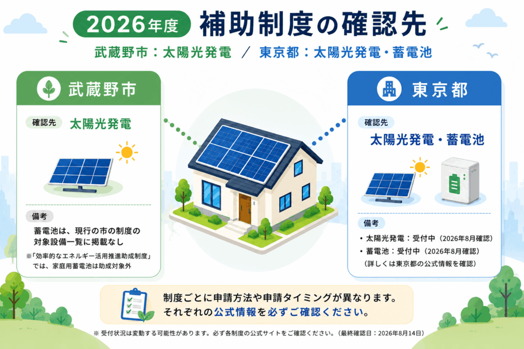 2026年度の武蔵野市と東京都の太陽光発電・蓄電池補助制度の確認先を整理した図