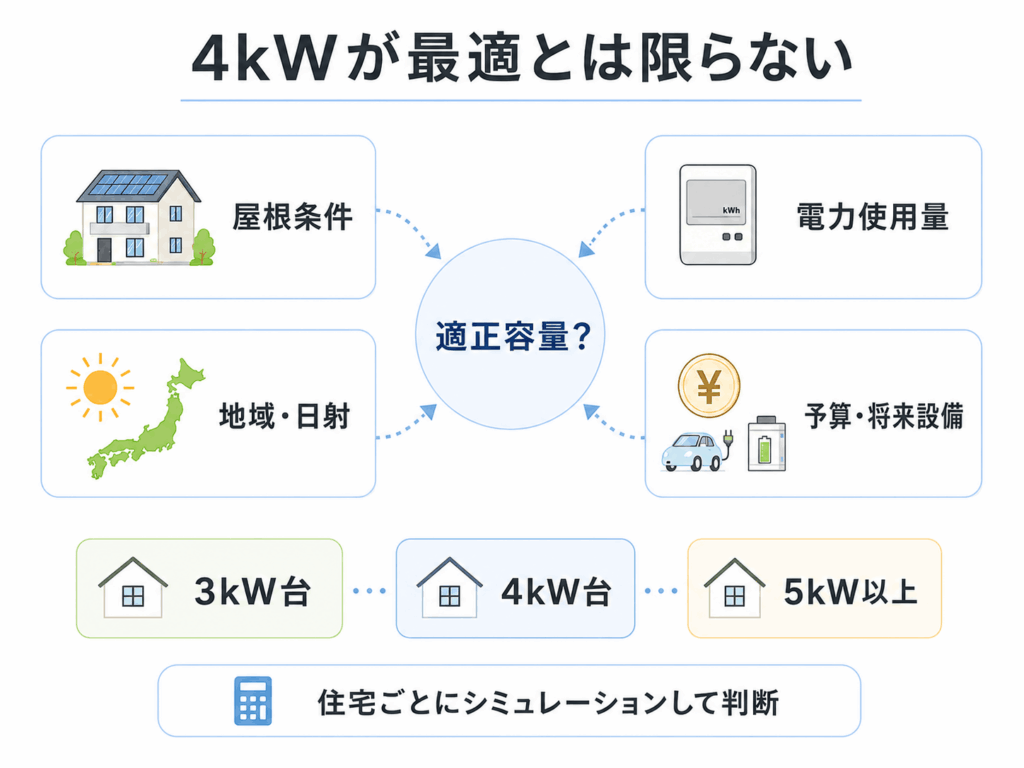 太陽光発電の適正容量を屋根・使用量・地域・予算で考える図