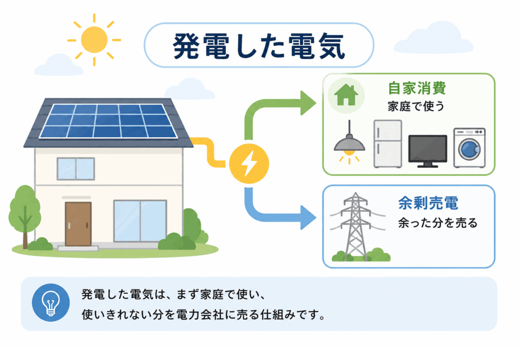 太陽光発電4kWで発電した電気の自家消費と余剰売電の流れ