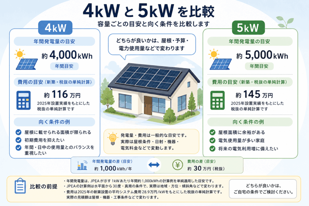 太陽光発電4kWと5kWの発電量・費用・向く条件の比較