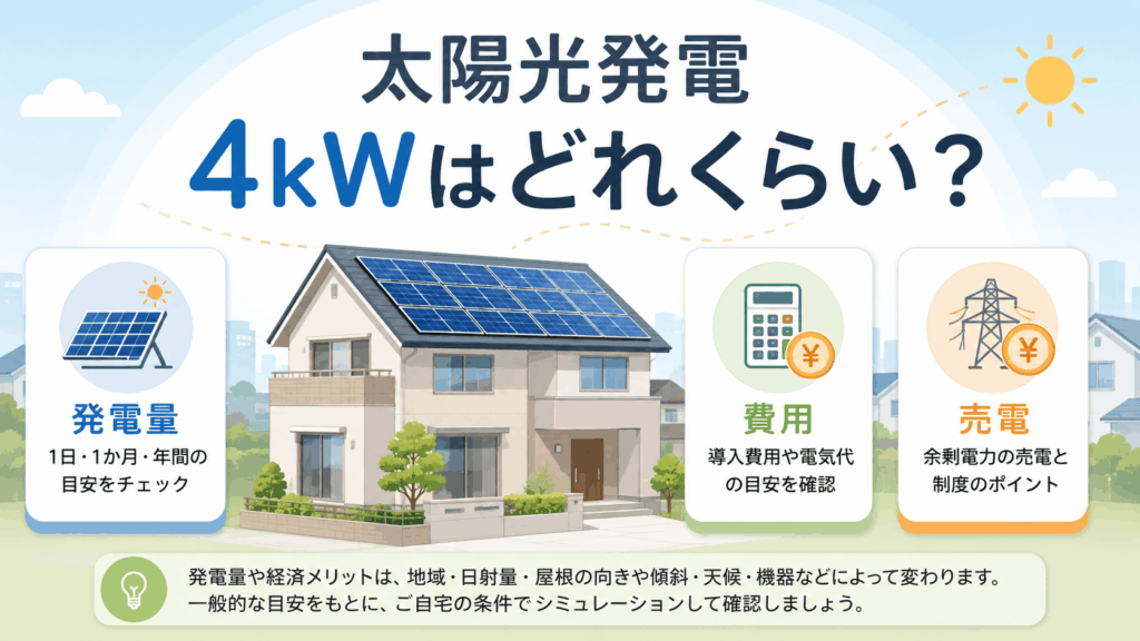 太陽光発電4kWの発電量・費用・売電の目安を解説するイメージ