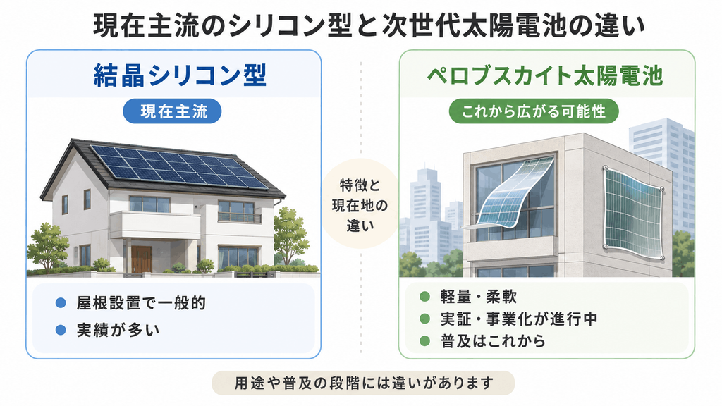 現在主流のシリコン太陽電池と次世代ペロブスカイト太陽電池の位置づけ比較