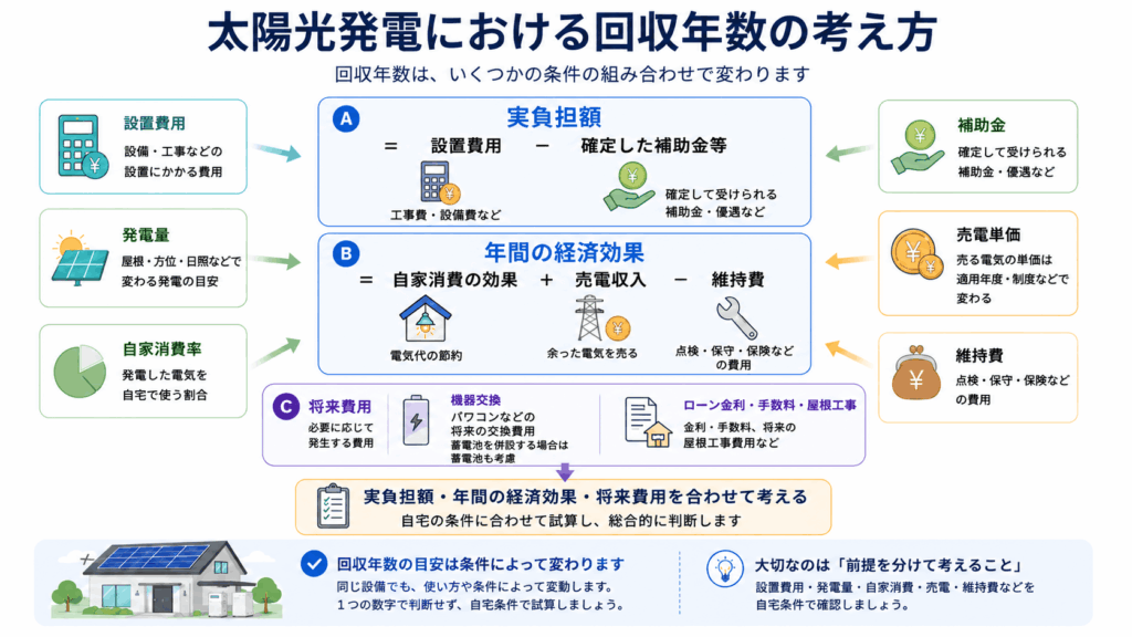 太陽光発電の収支を設置費用・自家消費・売電・維持費などの条件で判断する図