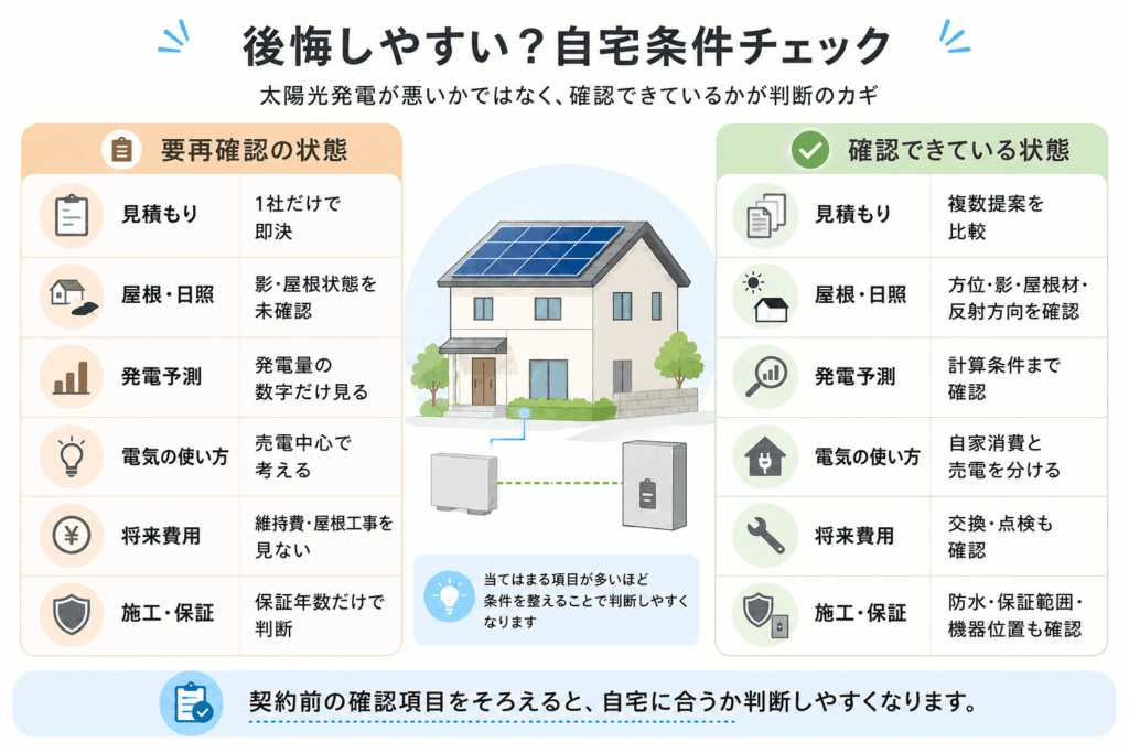 太陽光発電で後悔しやすい状態と後悔しにくい状態を比較するチェック図