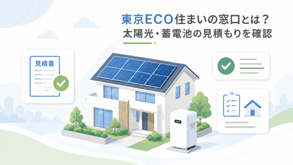 東京ECO住まいの窓口の公式サイトと太陽光・蓄電池の見積もり確認を示すイメージ