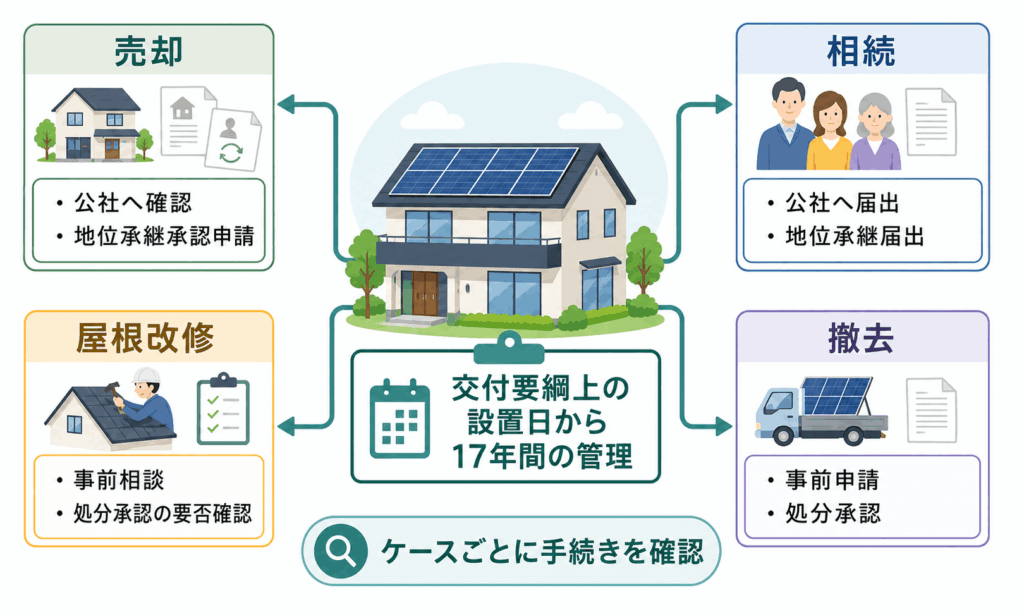 交付要綱上の設置日から17年間の管理と、売却・屋根改修・撤去時の手続きを示す図
